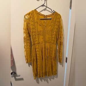 Altar'd State Mustard Long Sleeve Lace Dress